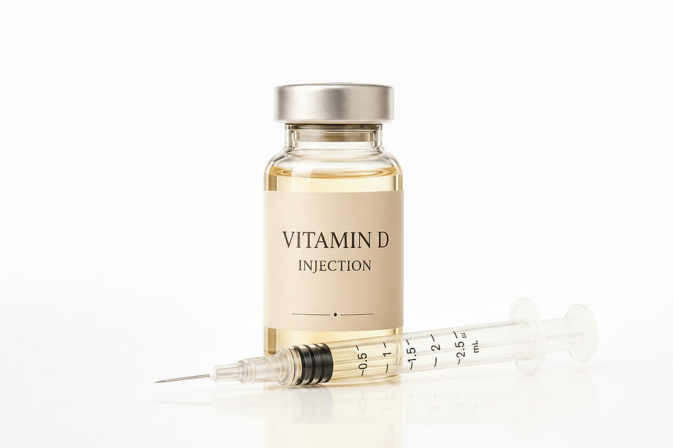 Vitamin D injection vial and syringe on a warm beige background, luxury aesthetic style, landscape.