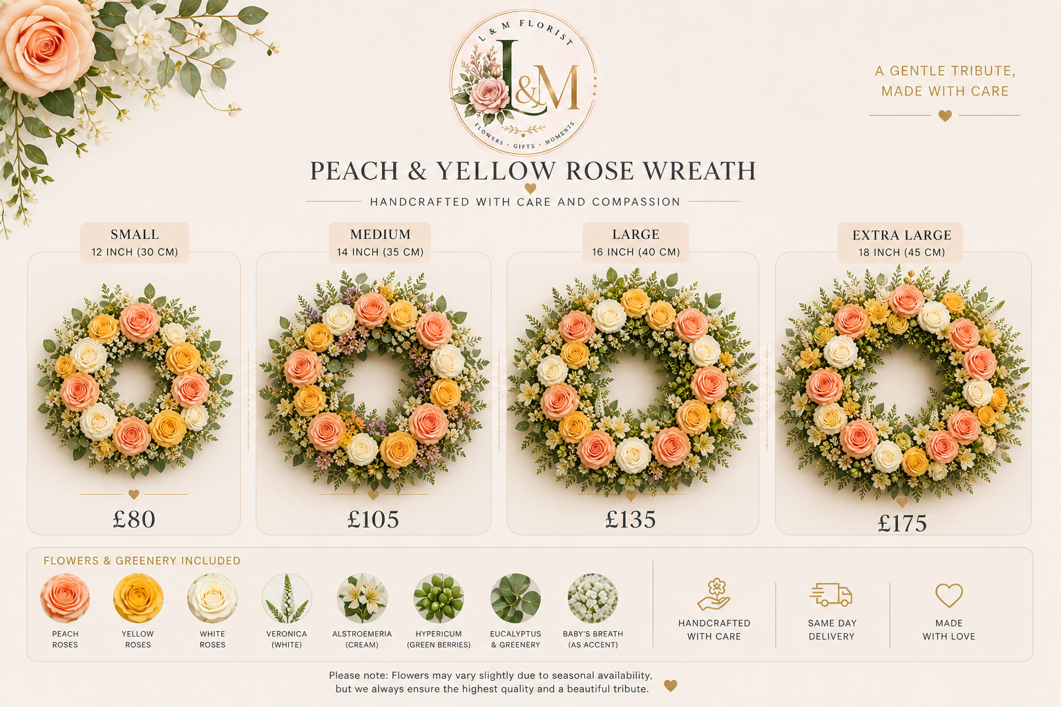 Luxury Peach & Yellow Rose Funeral Wreath