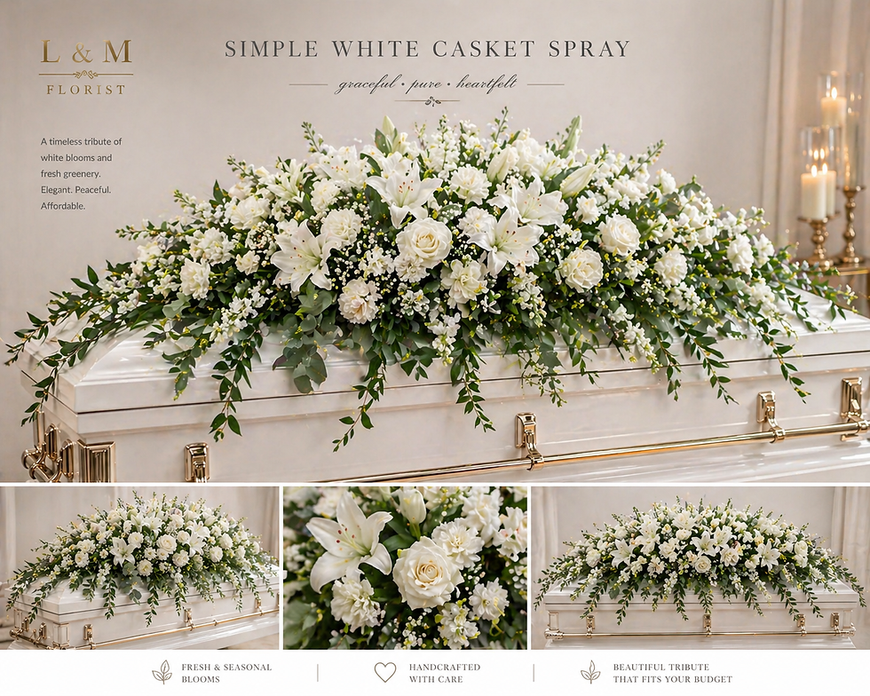 White Lily and Rose Casket Spray with carnations and trailing greenery