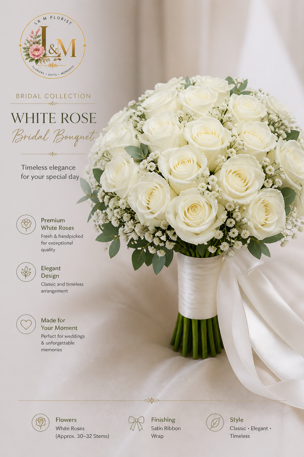 White Rose Bridal Bouquet by L&M Florist London - Bridal Bouquets main image