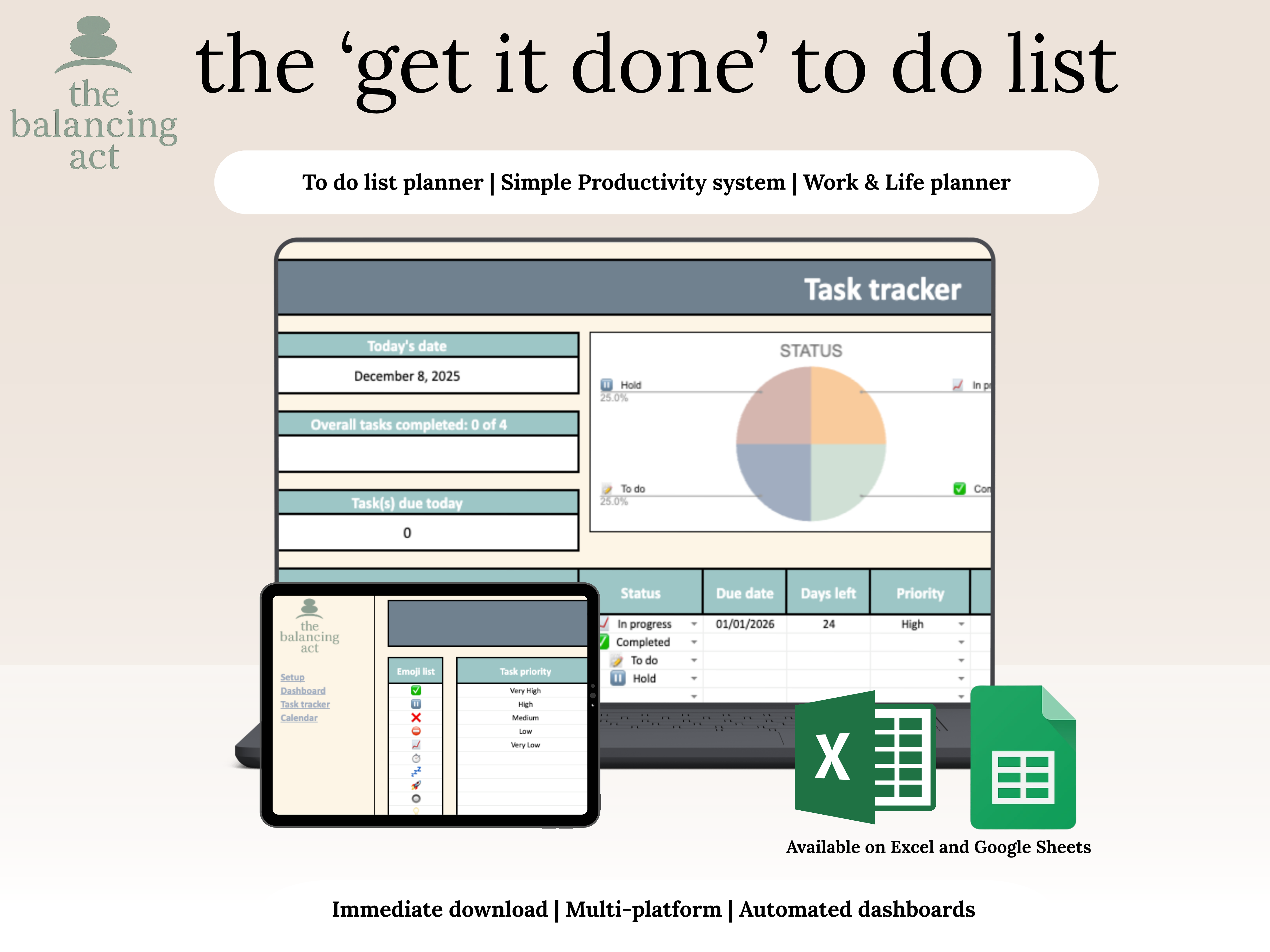 Productivity Dashboard | Task Tracker, Excel & Google Sheets Planner (Digital Do