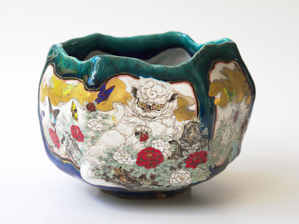 oriental lion with red&white peonies