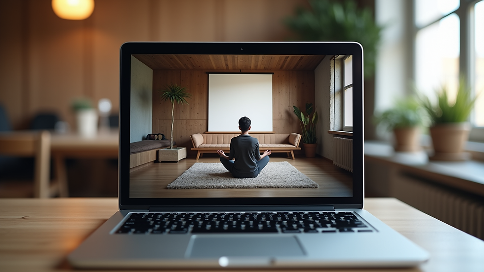 Eye-level view of a laptop screen showing a virtual retreat session
