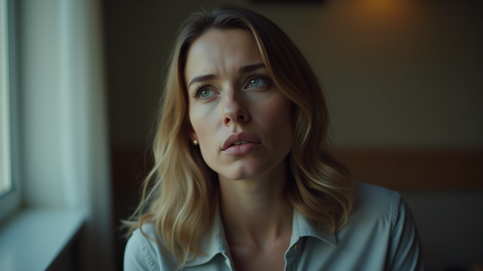 Close-up view of a woman looking thoughtful and concerned in a quiet room