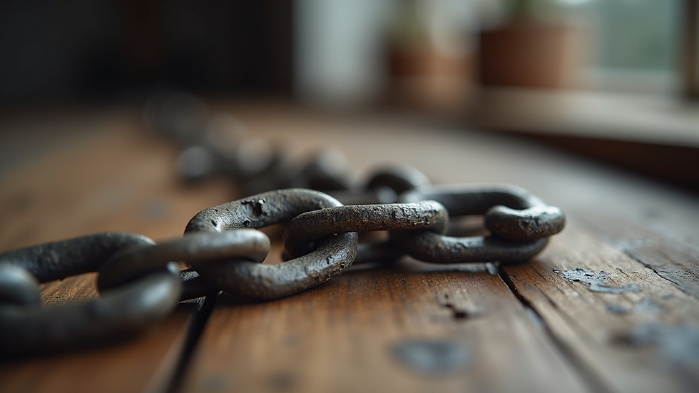 Close-up view of a broken chain on a wooden surface