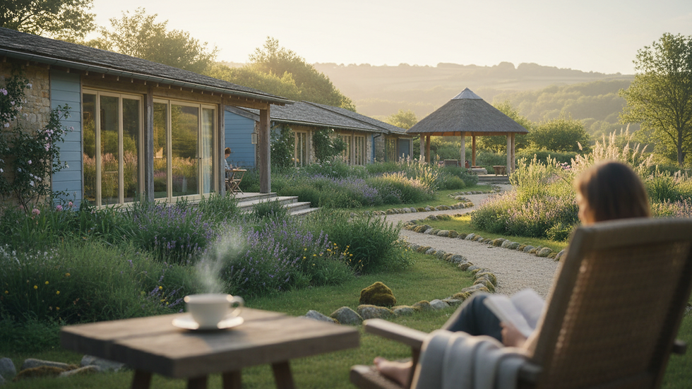 Wide angle view of a peaceful countryside retreat centre surrounded by greenery