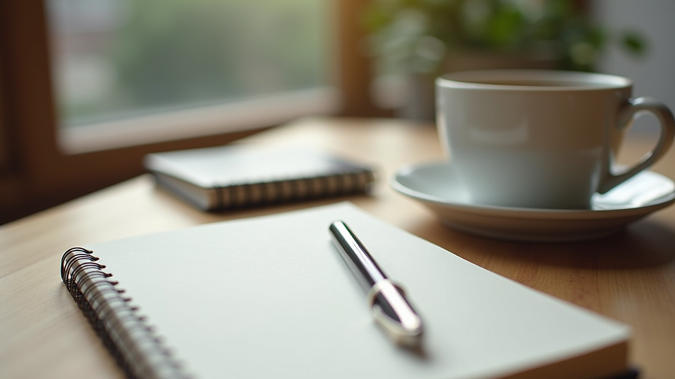 Close-up view of a notebook and pen beside a cup of tea during an online retreat