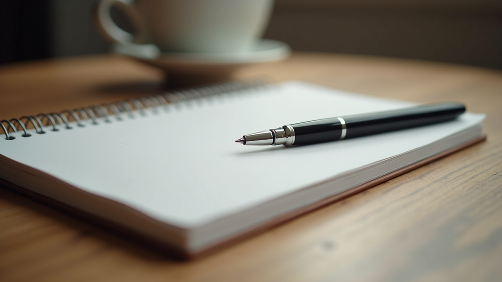Close-up view of a journal and pen on a wooden table, symbolising personal reflection