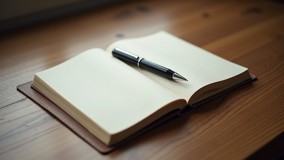 High angle view of a journal and pen on a wooden table, symbolising self-reflection and healing