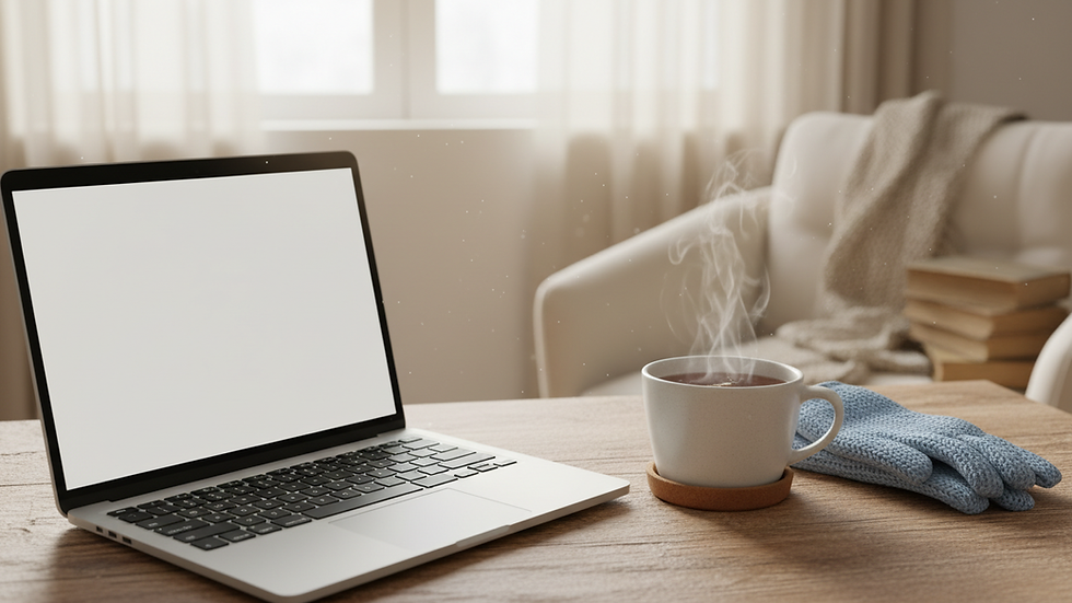 Eye-level view of a cozy home workspace with a laptop and a cup of tea