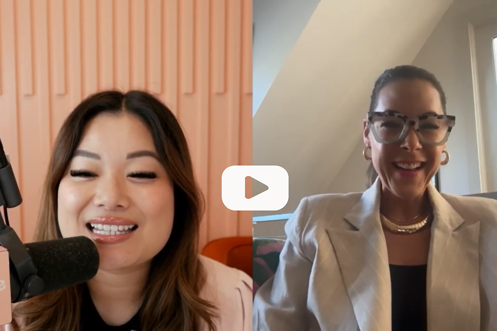 Split-screen video call with two smiling women; left woman speaks into a microphone, right woman wears glasses and a blazer.