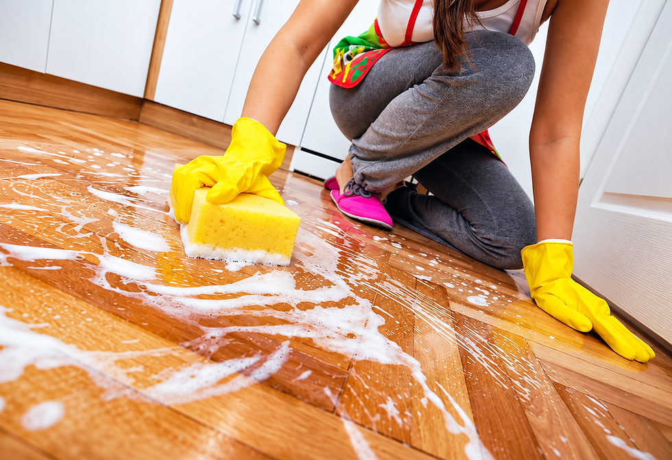 Suds and sponge on hardwood
