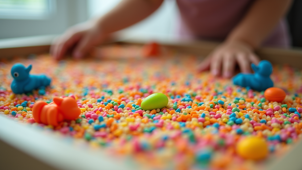 Close-up view of a sensory bin filled with colorful rice and small toys