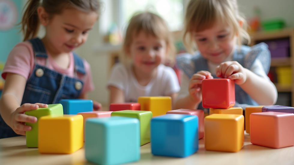 Close-up view of children playing with colorful blocks in a preschool