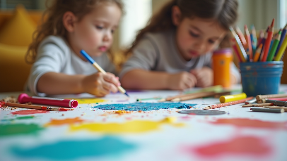 Close-up view of colorful art supplies on a table for children's cultural art projects