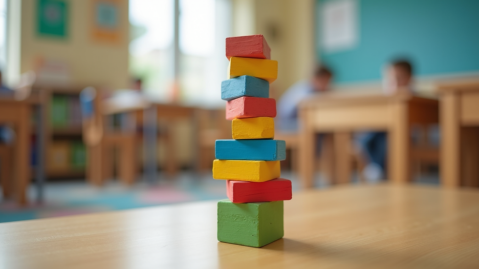 Eye-level view of colorful wooden blocks stacked in a classroom