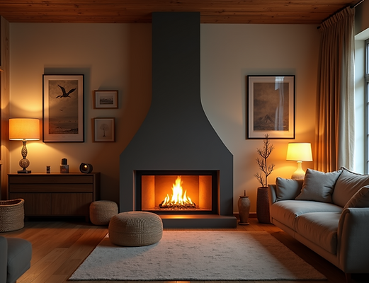 A cozy living room with a modern fireplace glowing, creating a warm and inviting atmospher