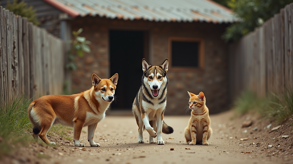 Vista general de un refugio de animales con perros y gatos en Chile
