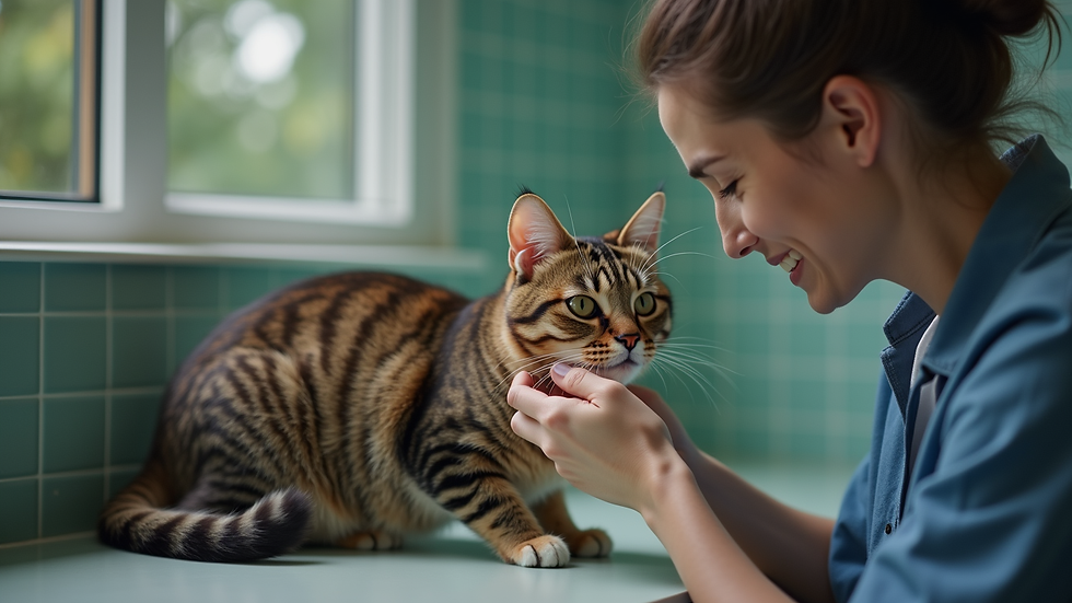 Close-up view of a volunteer feeding a rescued cat in a shelter