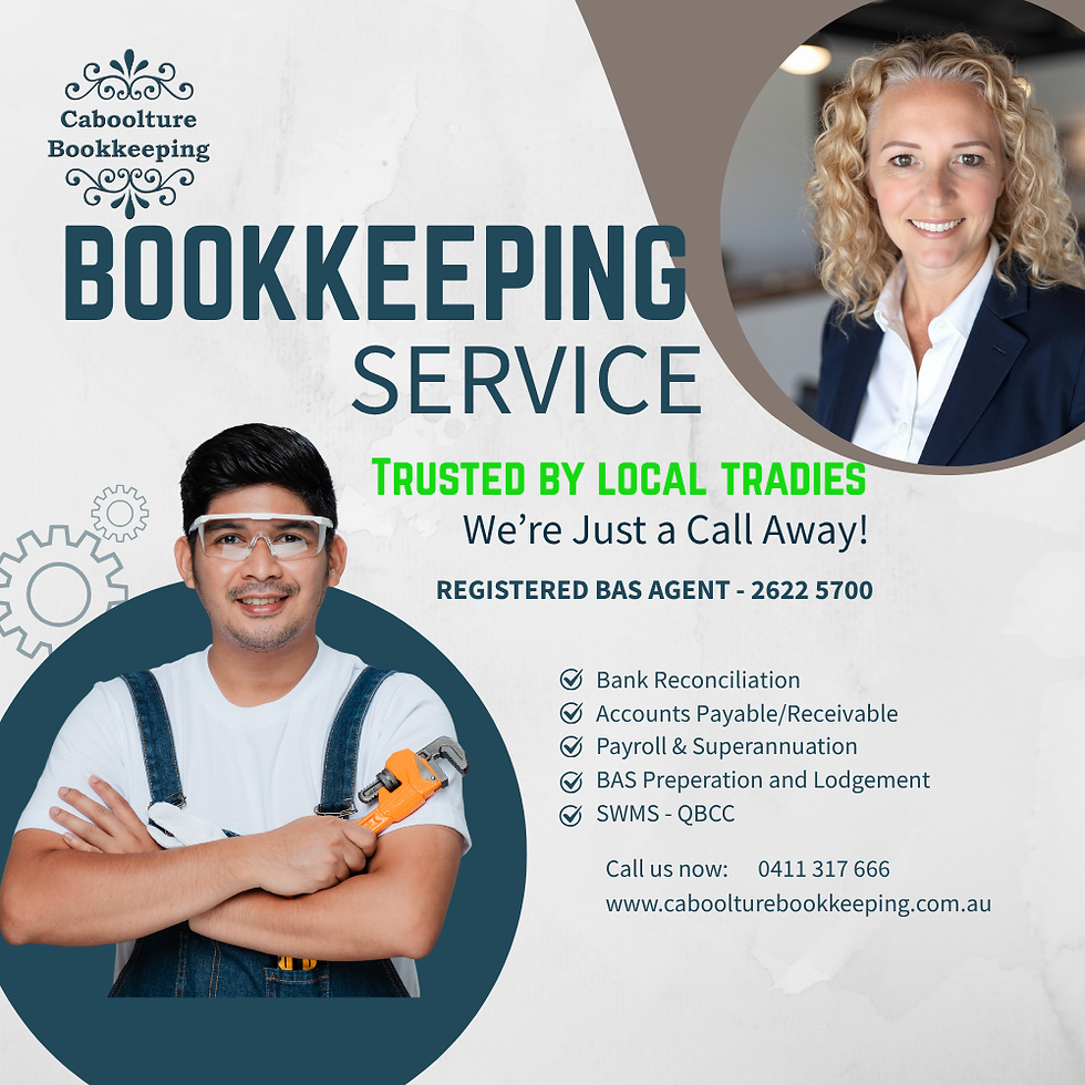 Bookkeeping service ad featuring a smiling worker with a wrench and a businesswoman. Text highlights services and contact info. Trusted by tradies.