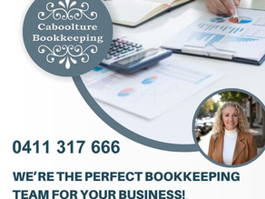 Caboolture Bookkeeping ad with graphs, calculator, and a portrait of a smiling person. Contact and website details are visible. Professional mood.