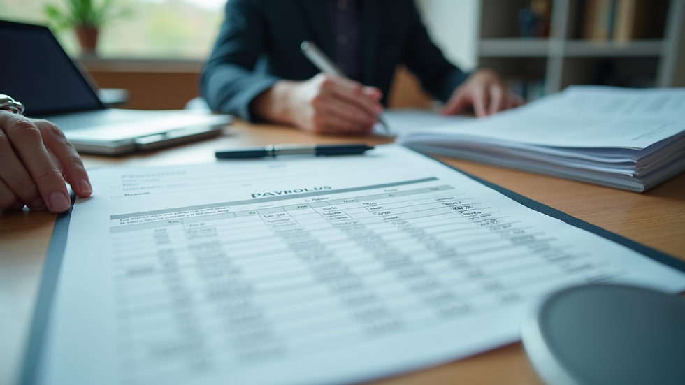 High angle view of a modern office setup with payroll documents