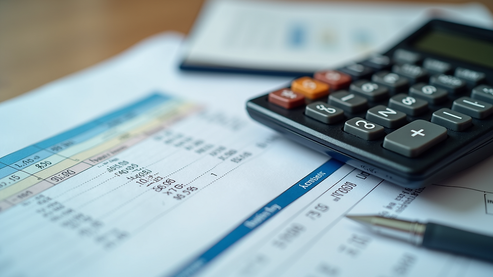 Eye-level view of a calculator and financial statements