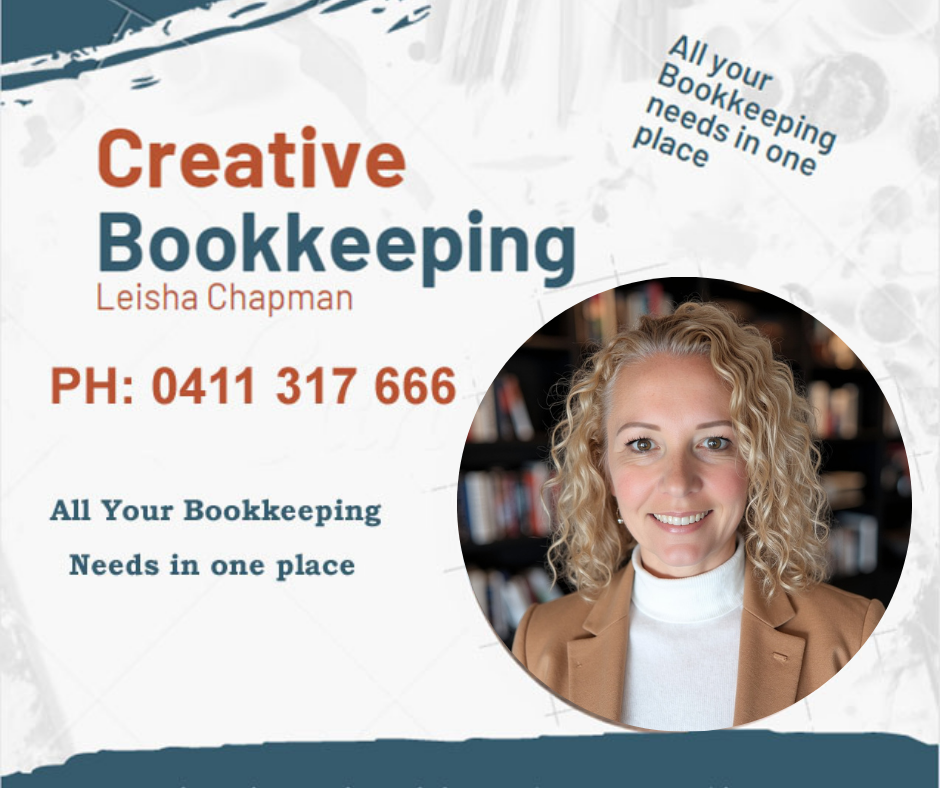 Creative Bookkeeping ad featuring contact info and photo of a smiling person with curly hair. Background has bookshelves. Blue and orange text.