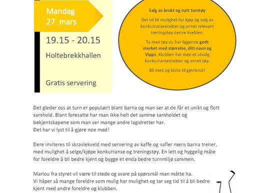 Foreldrekaffe - Holtebrekkhallen mandag 27/3 kl. 1915-2015