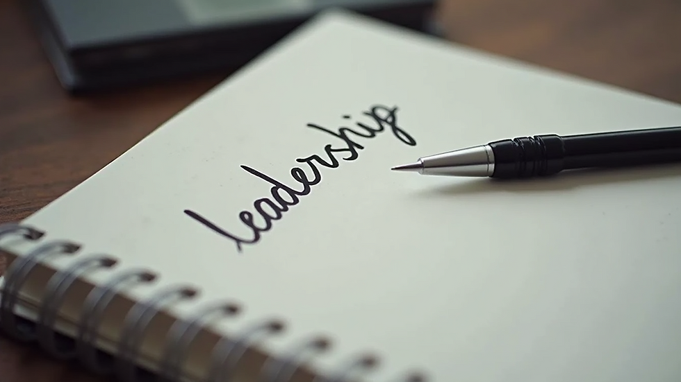 Close-up view of a notebook with handwritten leadership goals and a pen