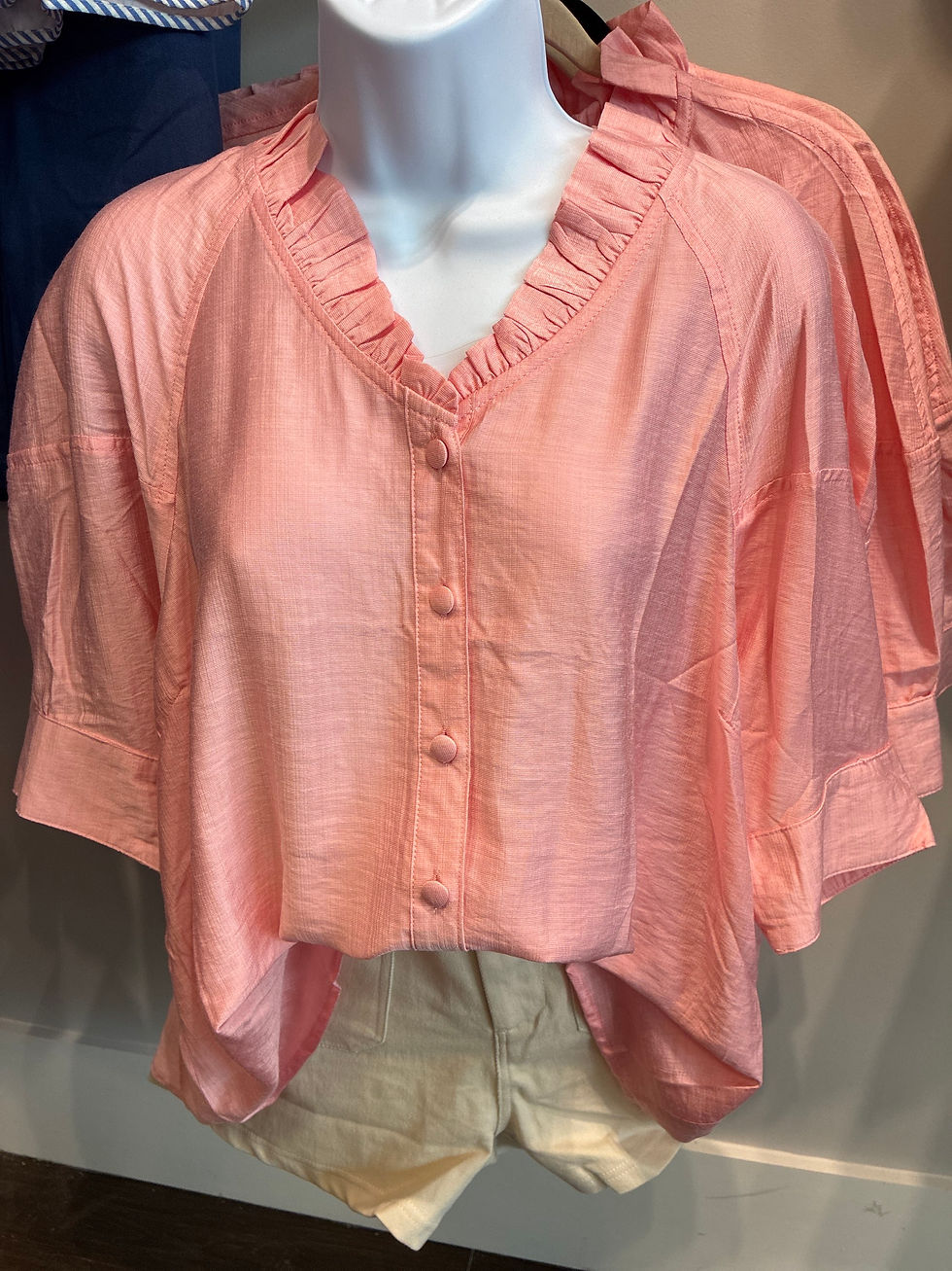Thumbnail: button down blouse with a ruffled v-neck and short sleeves lt coral