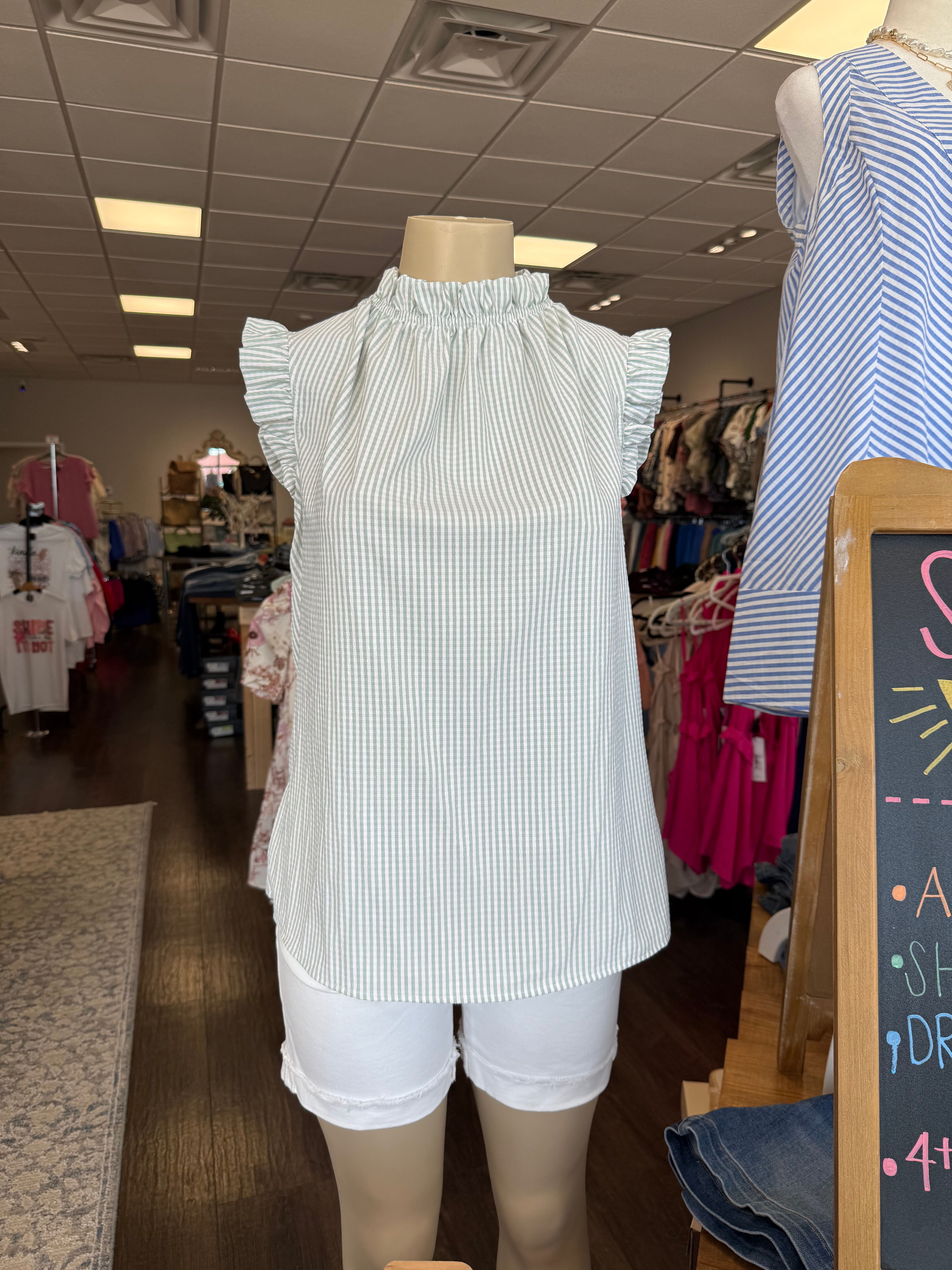 striped ruffled neckline and sleeve top elastic shirt
