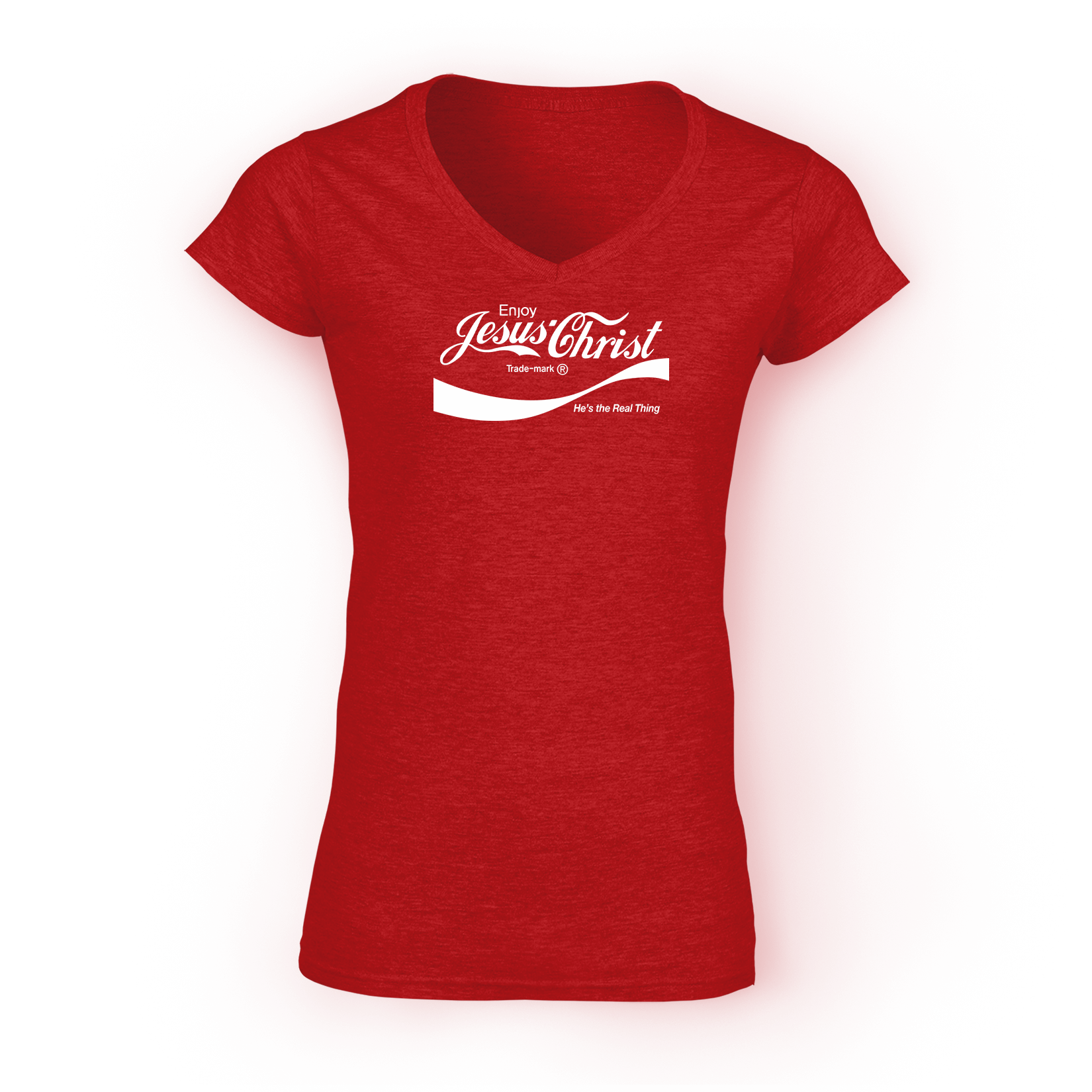 Red "Jesus Christ He's the Real Thing" V-neck shirt with vintage patriotic typography.