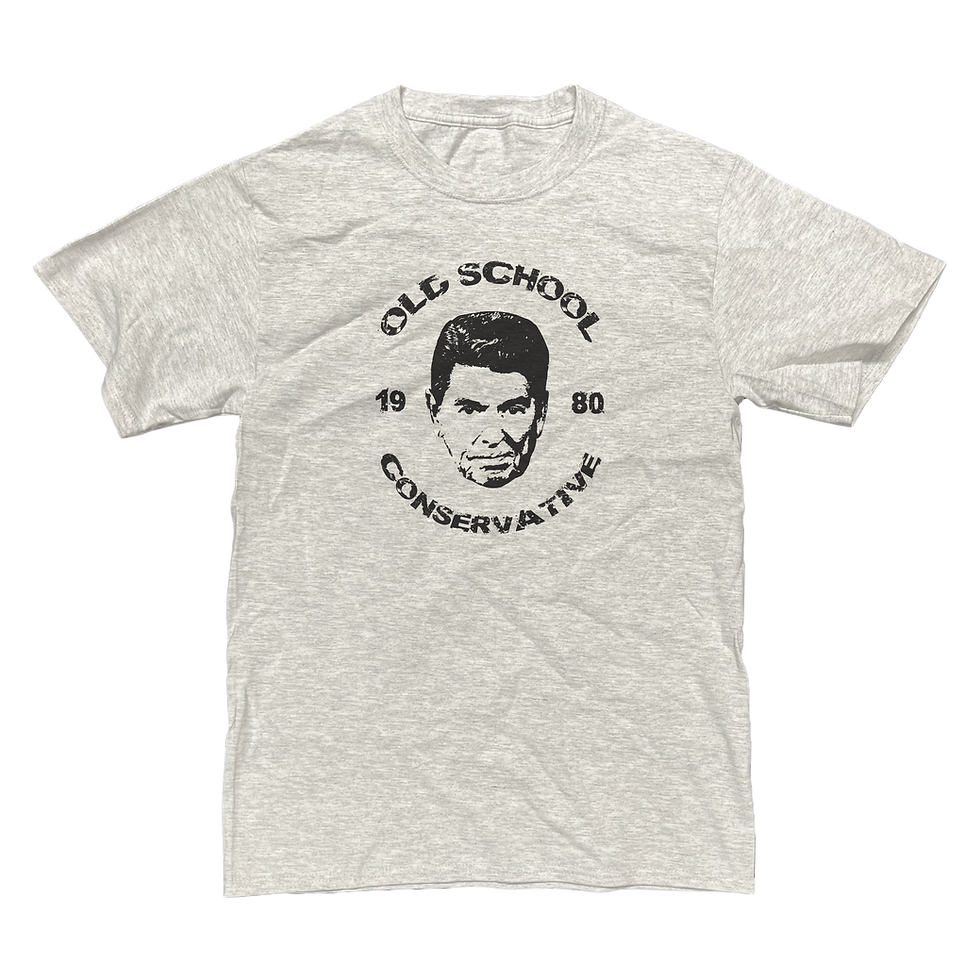 Old School Conservative Ronald Reagan 1980 patriotic grey t-shirt with vintage distressed graphic.