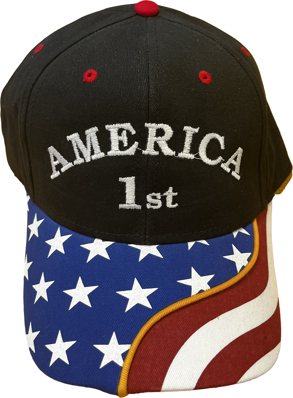 America 1st patriotic hat with embroidered stars and stripes, ideal for freedom-loving American conservatives.