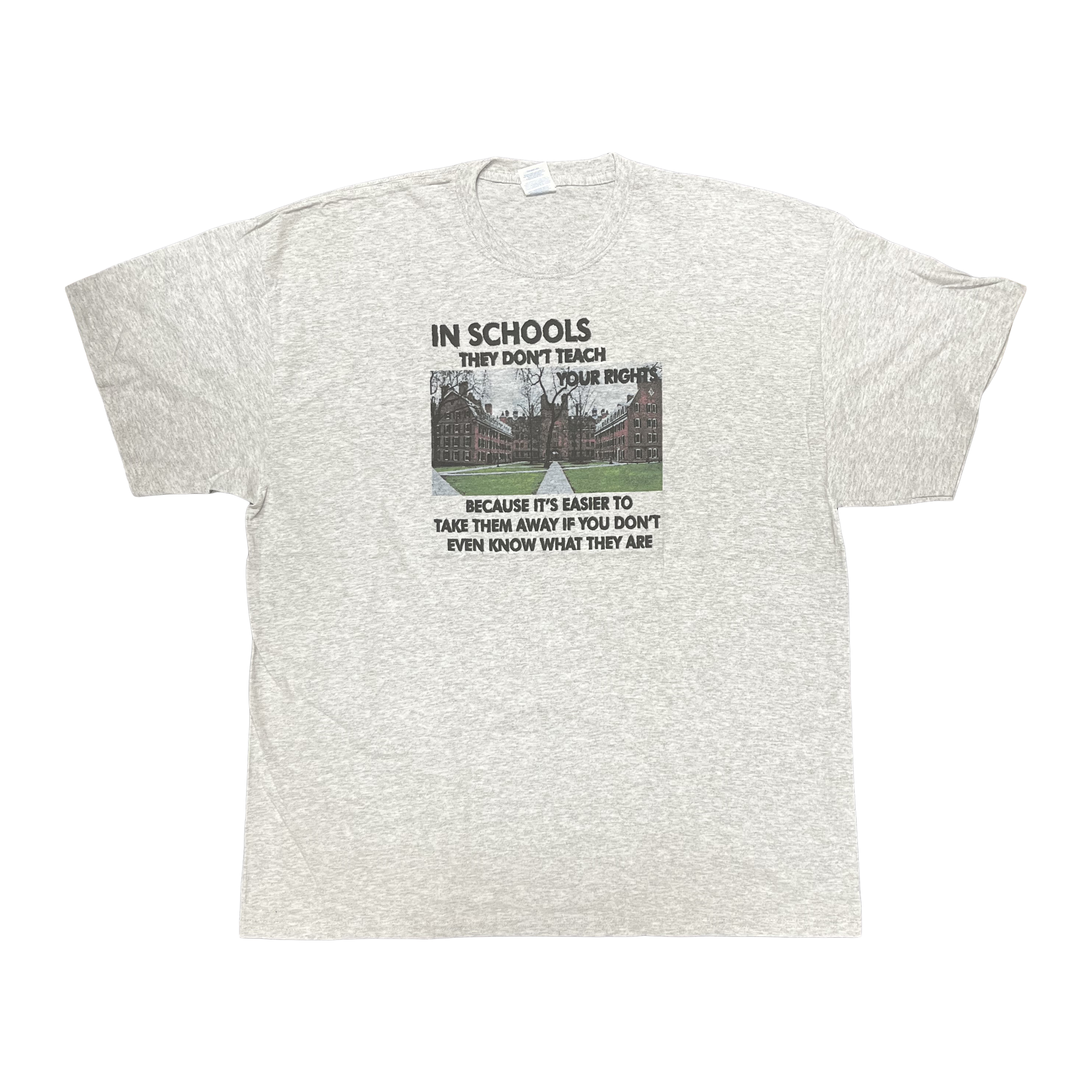 Patriotic gray t-shirt with school image and quote about teaching constitutional rights and defending liberty.