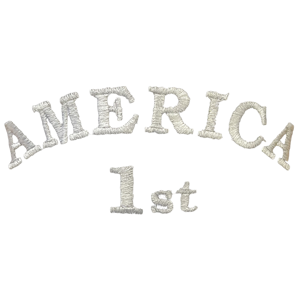 Embroidered America 1st white logo in a patriotic arch for conservative apparel and 2nd Amendment hats.