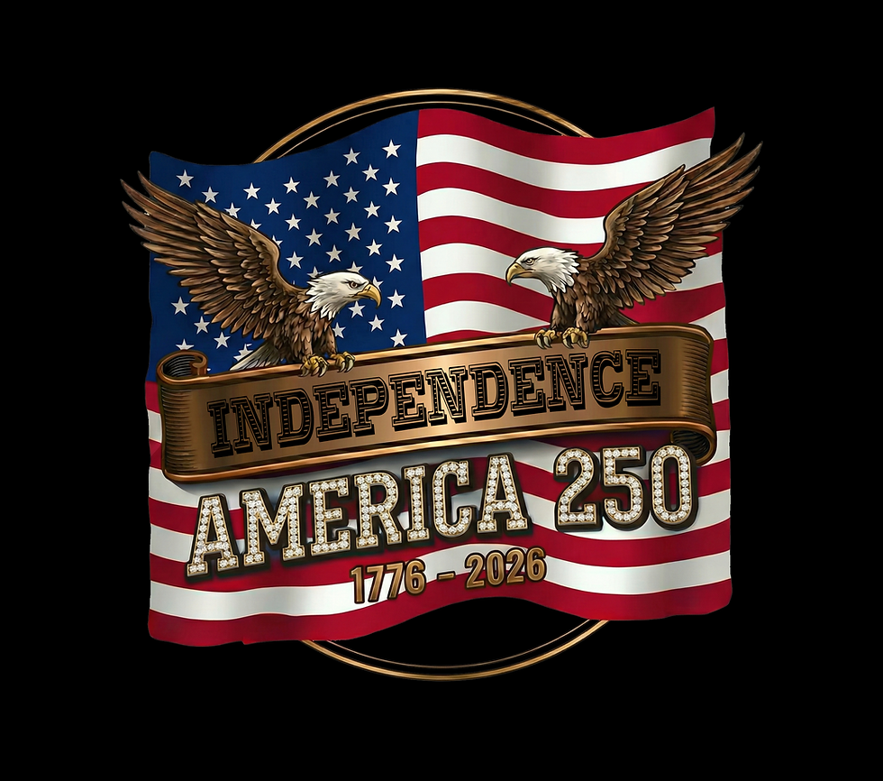 Patriotic America 250 Semiquincentennial logo with US flag, bald eagles, and 1776-2026 anniversary text.