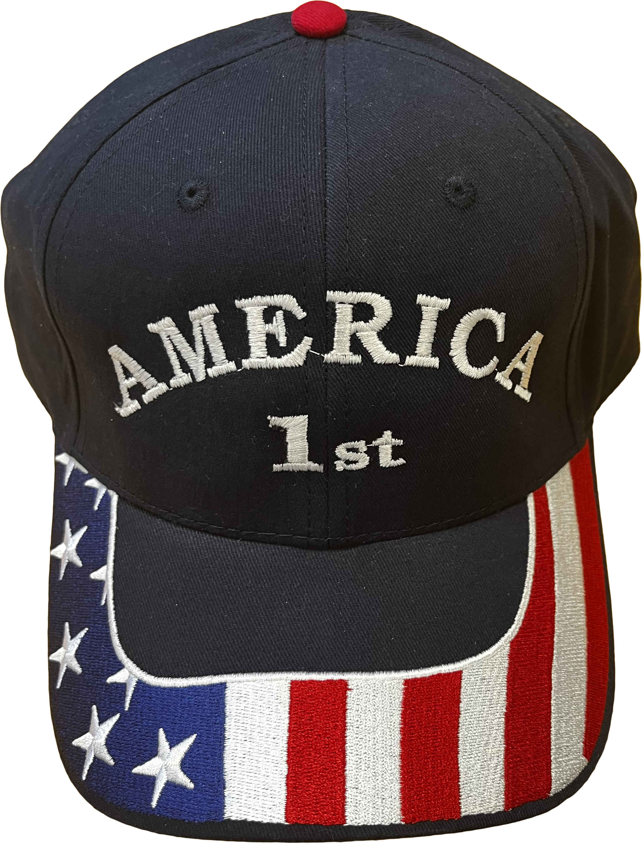 America 1st patriotic navy hat with embroidered text and American flag stars and stripes brim design.