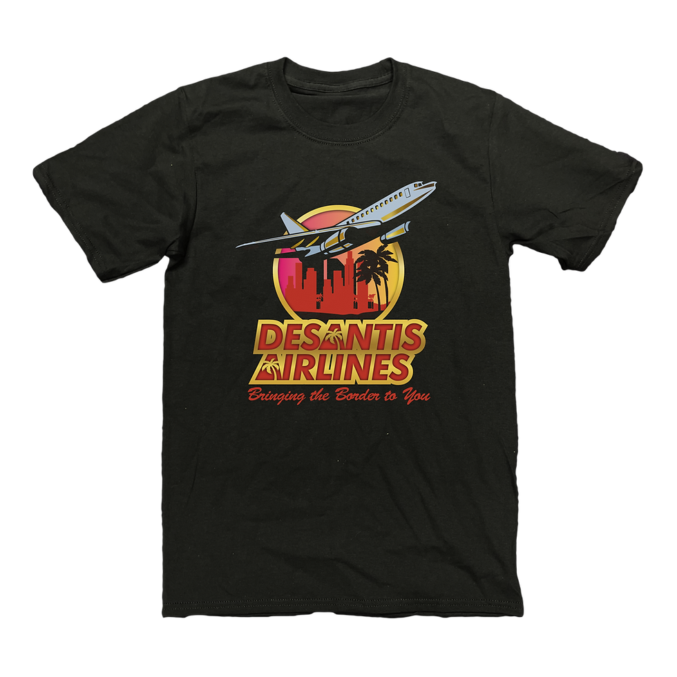 DeSantis Airlines t-shirt featuring a bold jet graphic and patriotic "Bringing the Border to You" slogan.
