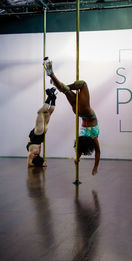 A photograph from the Sydney Pole series capturing a live showcase night, featuring an aerial dancer performing against a backdrop of industrial textures and vibrant pink lighting.