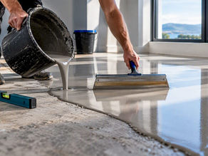 Self-levelling compound poured across concrete floor