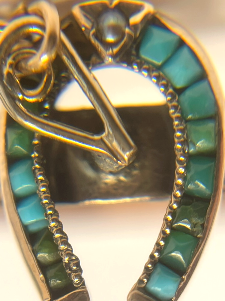 Thumbnail: Vintage Horseshoe ring with Tahitian pearl Turquoise and Jade size 7.5