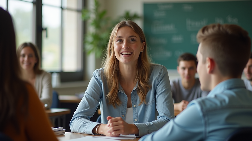Close-up view of a youth leader facilitating a group discussion in a classroom