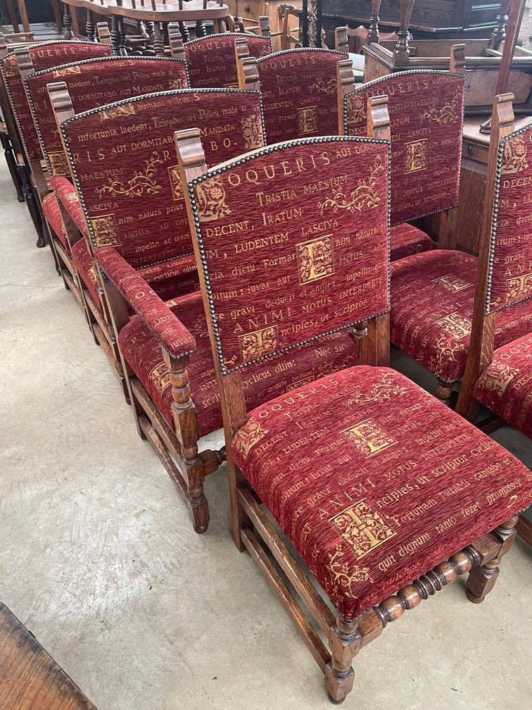Thumbnail: A set of eight 17th century style oak dining chairs.