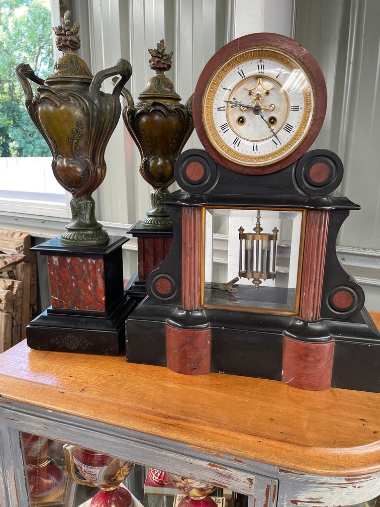 Thumbnail: 19th century slate and rouge marble three piece clock set.