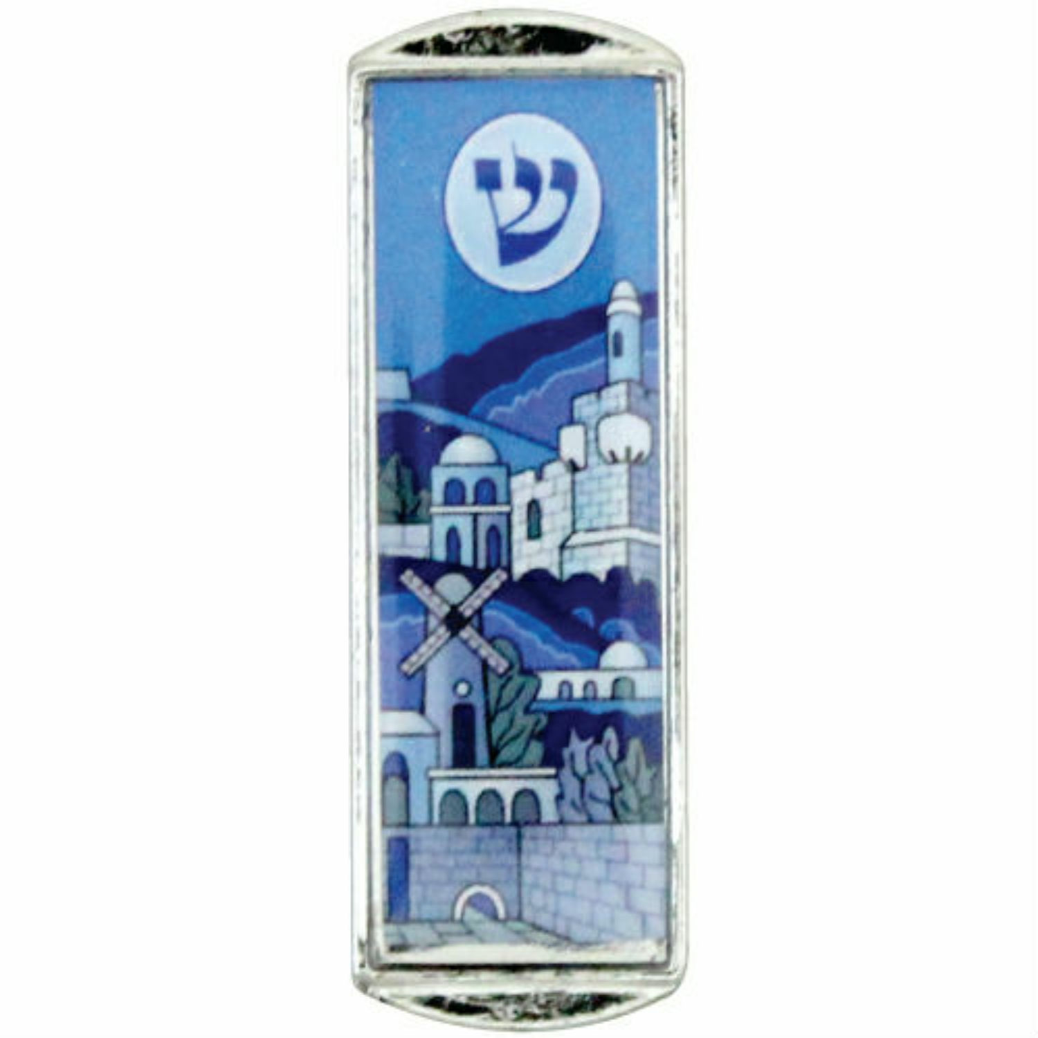 Mezuzah (Car):  Nickel & Epoxy "Jerusalem" Image In Shades Of Blue
