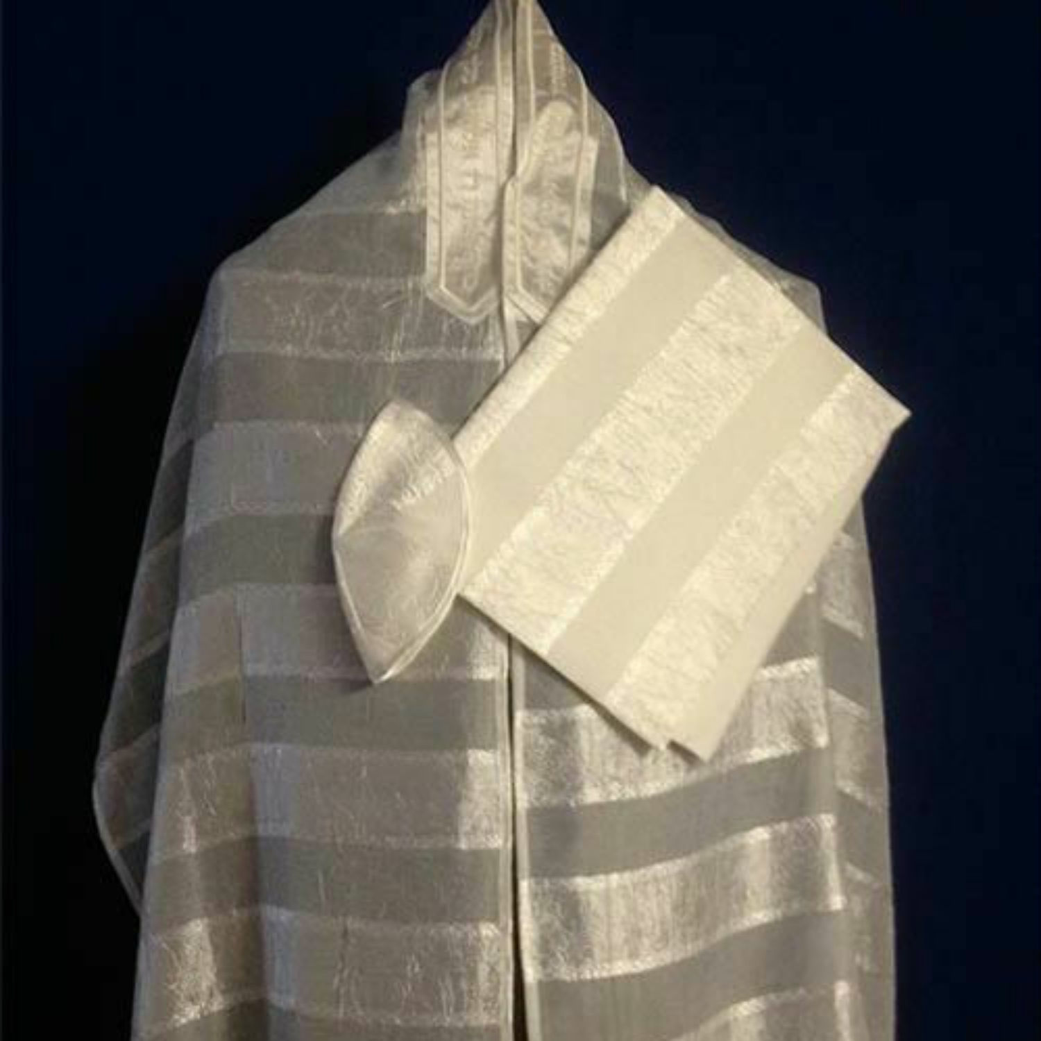 Tallit Set (Women's): White on White Striped Chiffon w/ Bag & Kippah