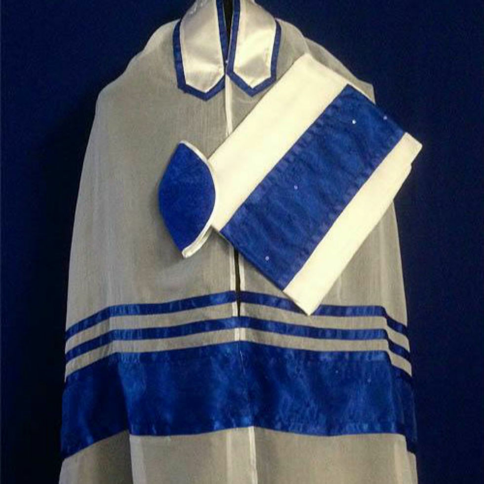 Tallit Set (Women's): White & Royal Blue Chiffon Silk w/ Bag & Kippah