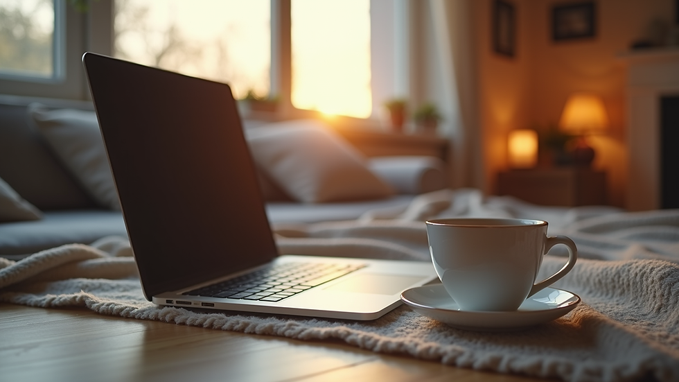 Eye-level view of a cozy room with a laptop and a cup of tea